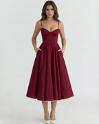 Satin-Feel Sweetheart Midi Dress – Boned Bodice Tulle Skirt Wedding Guest Prom Dress