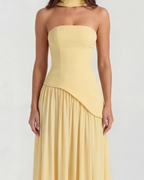 Buttergelbes trägerloses Chiffon-Maxikleid mit Schal – Festliches Frühlings-Hochzeitsgastkleid