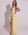Butter Yellow Halter Neck Ruched Maxi Dress with Split – Elegant Wedding Guest Evening Gown