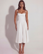 White Boned Sweetheart Twill Midi Dress with Pockets – Summer Wedding Guest Garden Party Gown