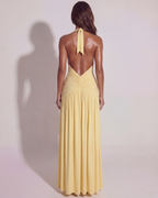 Butter Yellow Halter Neck Ruched Maxi Dress with Split – Elegant Wedding Guest Evening Gown