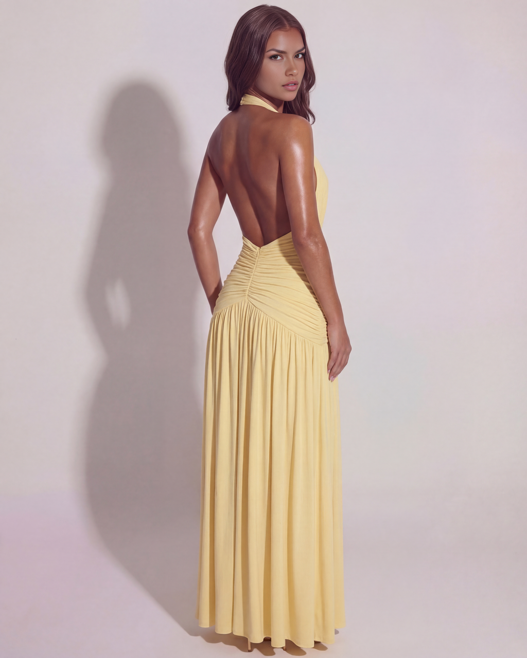 Butter Yellow Halter Neck Ruched Maxi Dress with Split – Elegant Wedding Guest Evening Gown