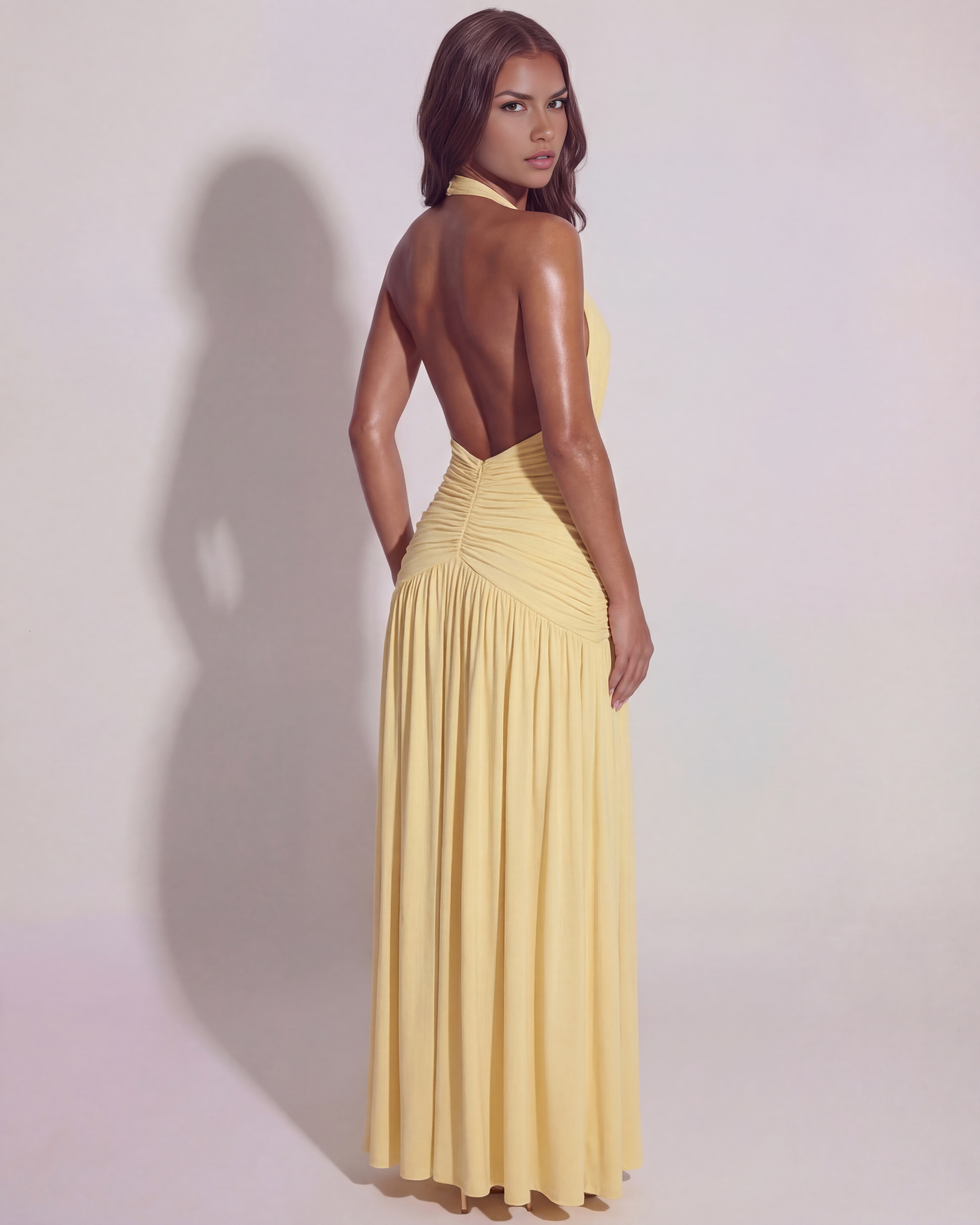 Butter Yellow Halter Neck Ruched Maxi Dress with Split – Elegant Wedding Guest Evening Gown