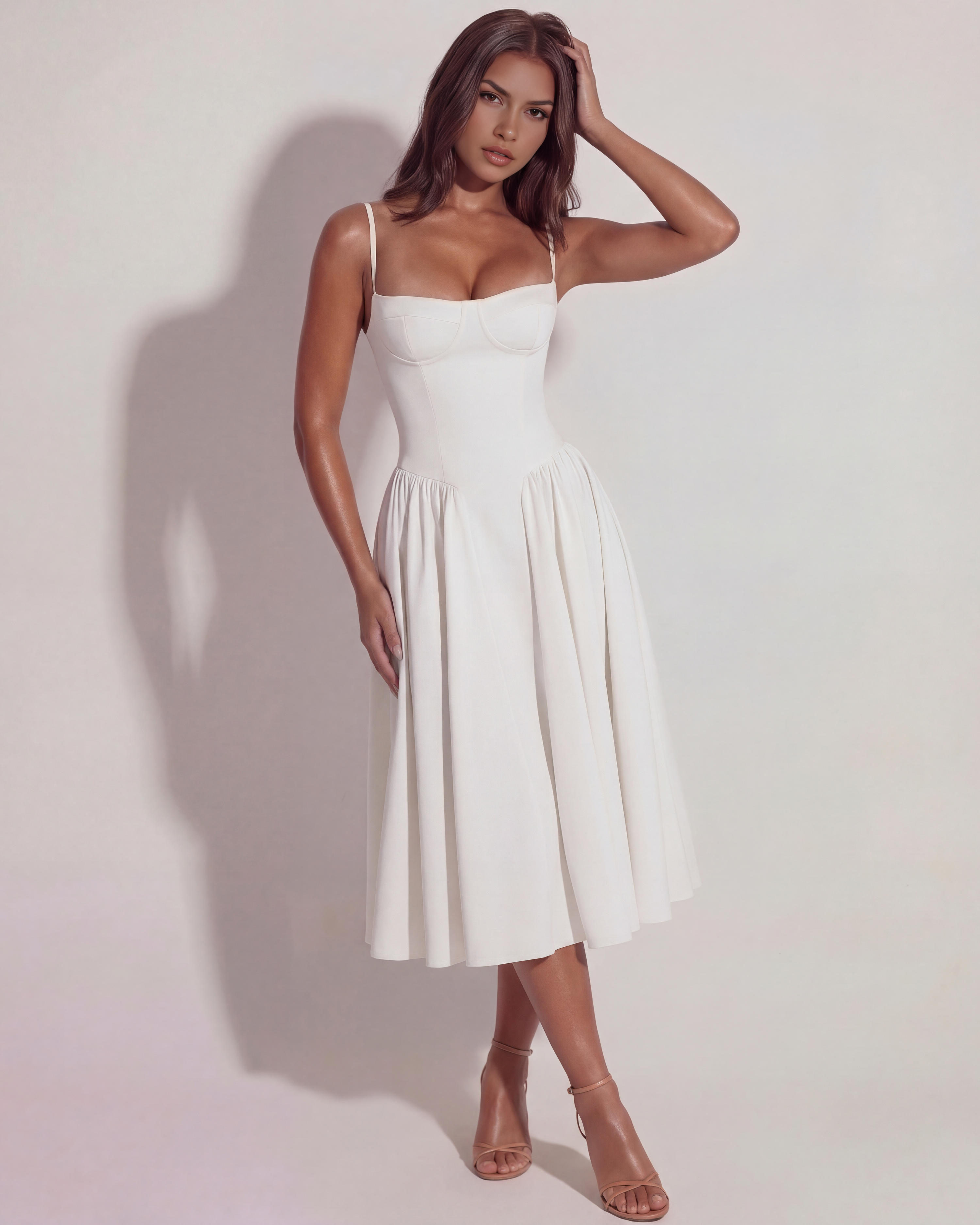 White Boned Sweetheart Twill Midi Dress with Pockets – Summer Wedding Guest Garden Party Gown
