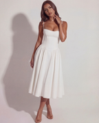 White Boned Sweetheart Twill Midi Dress with Pockets – Summer Wedding Guest Garden Party Gown