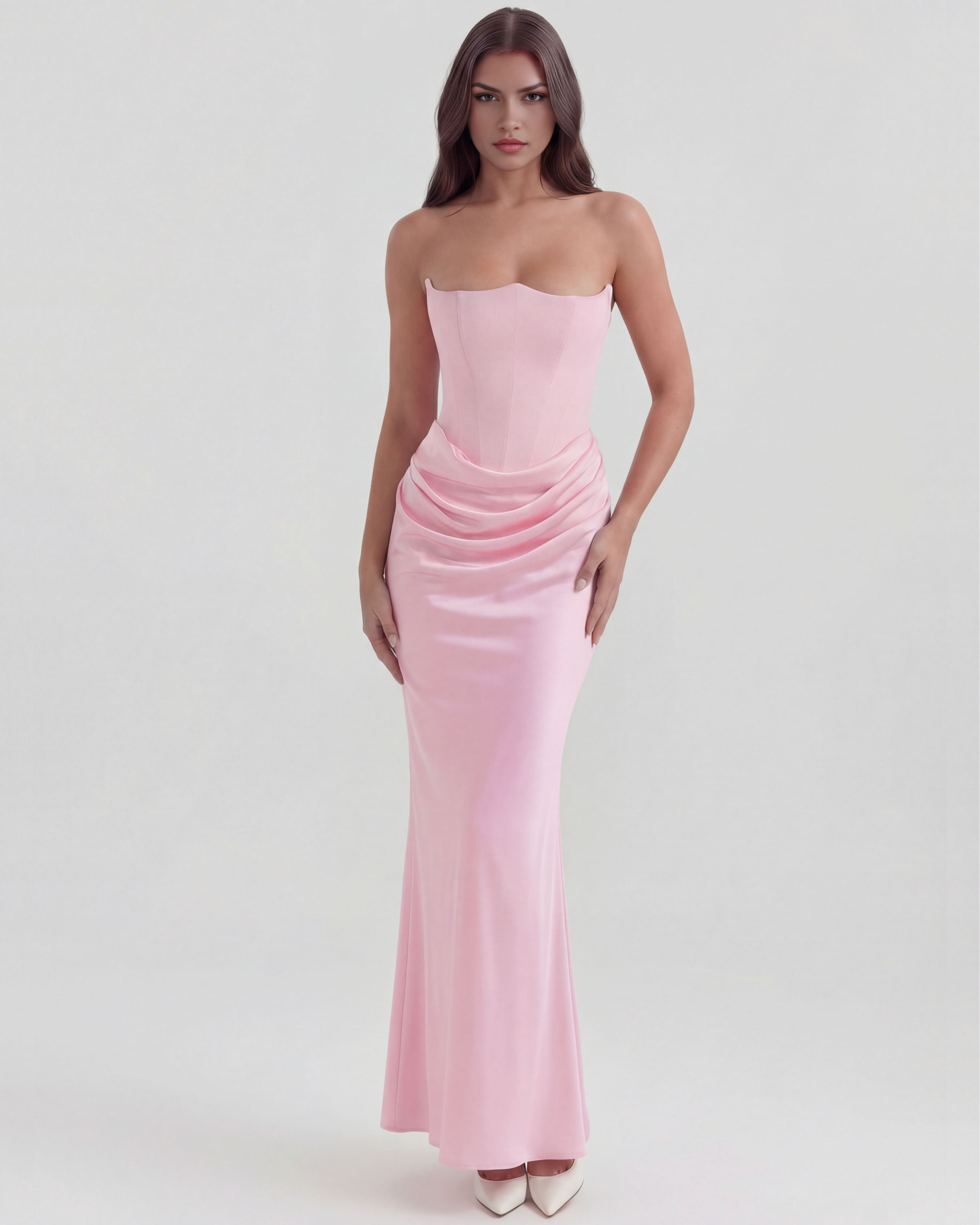 Pink Boned Corset Crepe Long Gown – Romantic Wedding Guest Formal Dress