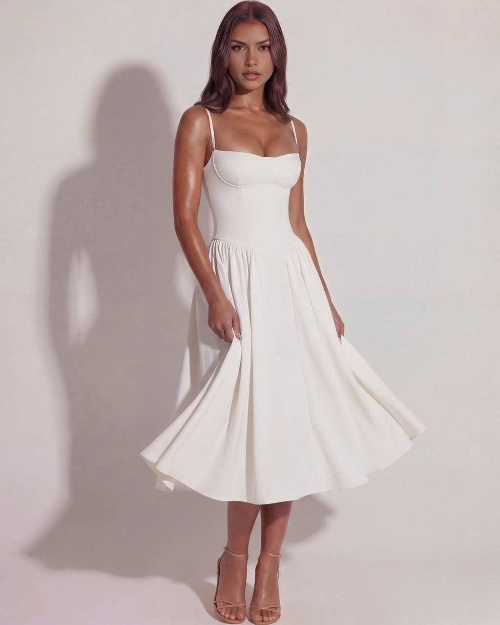 White Boned Sweetheart Twill Midi Dress with Pockets – Summer Wedding Guest Garden Party Gown