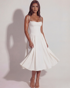 White Boned Sweetheart Twill Midi Dress with Pockets – Summer Wedding Guest Garden Party Gown