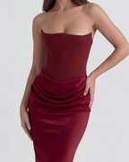 Boned Corset Crepe Maxi Dress – Cinched Waist Wedding Guest Formal Evening Gown