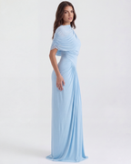 Babyblauw Gedrapeerde Sjaal Vloerlange Maxi Jurk – Elegante Bruiloftsgast Avondjurk