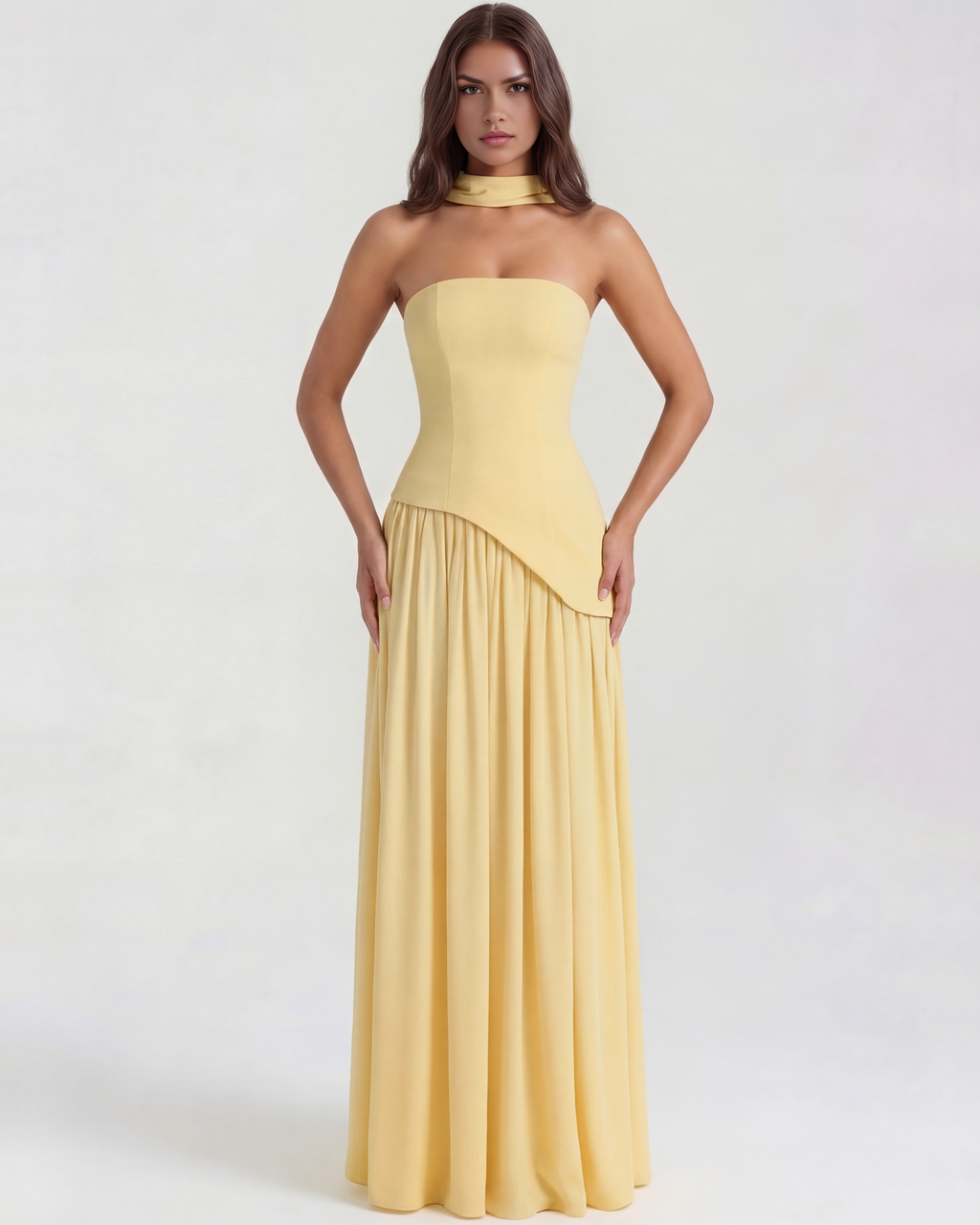 Buttergelbes trägerloses Chiffon-Maxikleid mit Schal – Festliches Frühlings-Hochzeitsgastkleid