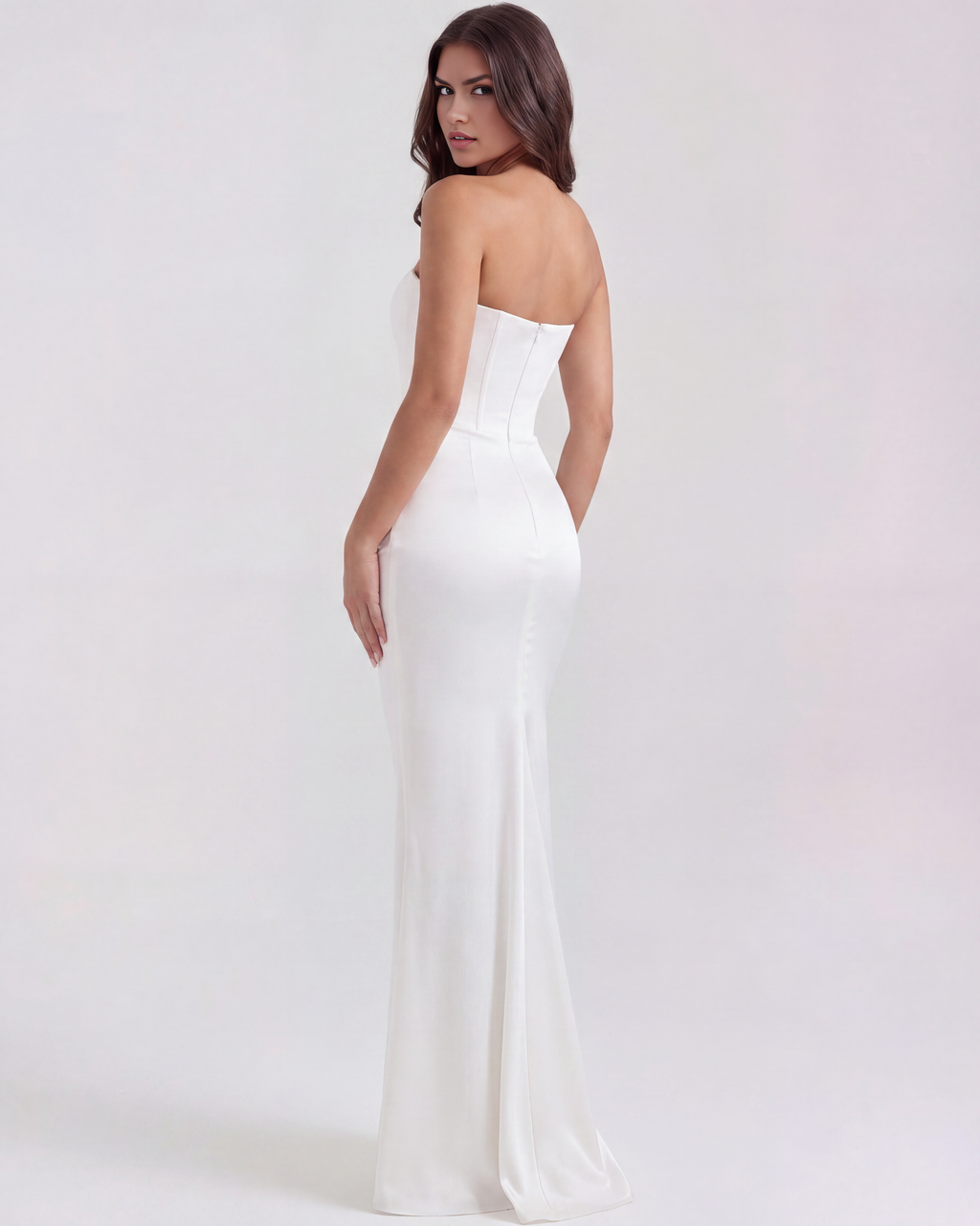 White Boned Corset Crepe Maxi Dress – Elegant Wedding Guest Gown