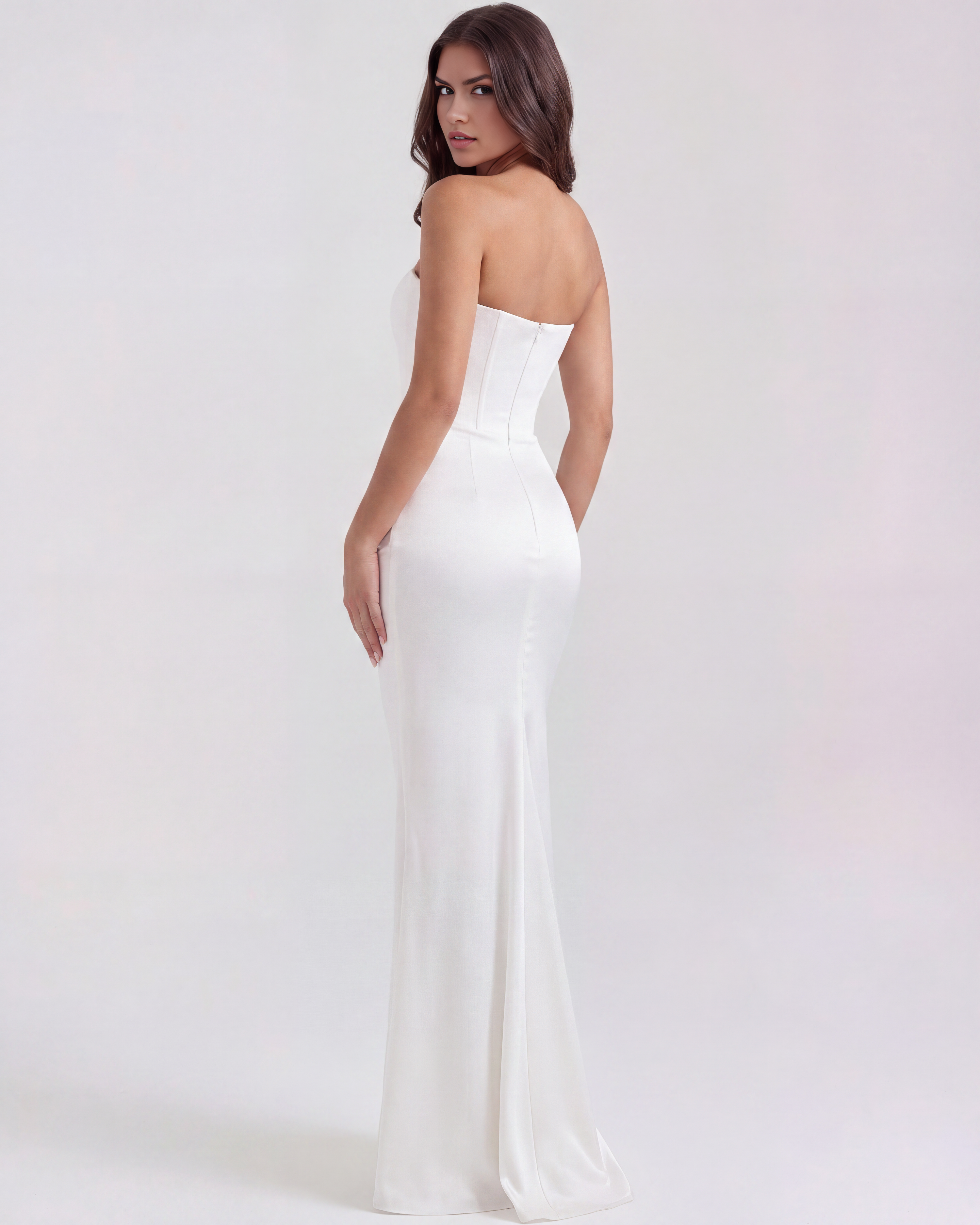 White Boned Corset Crepe Maxi Dress – Elegant Wedding Guest Gown