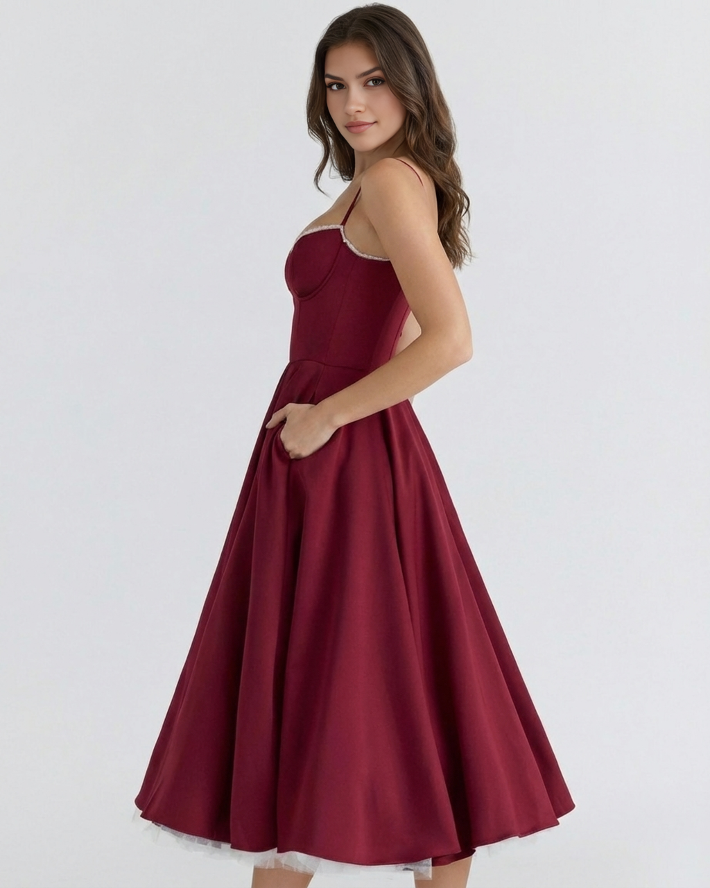 Satin-Feel Sweetheart Midi Dress – Boned Bodice Tulle Skirt Wedding Guest Prom Dress