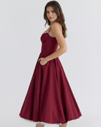 Satin-Feel Sweetheart Midi Dress – Boned Bodice Tulle Skirt Wedding Guest Prom Dress