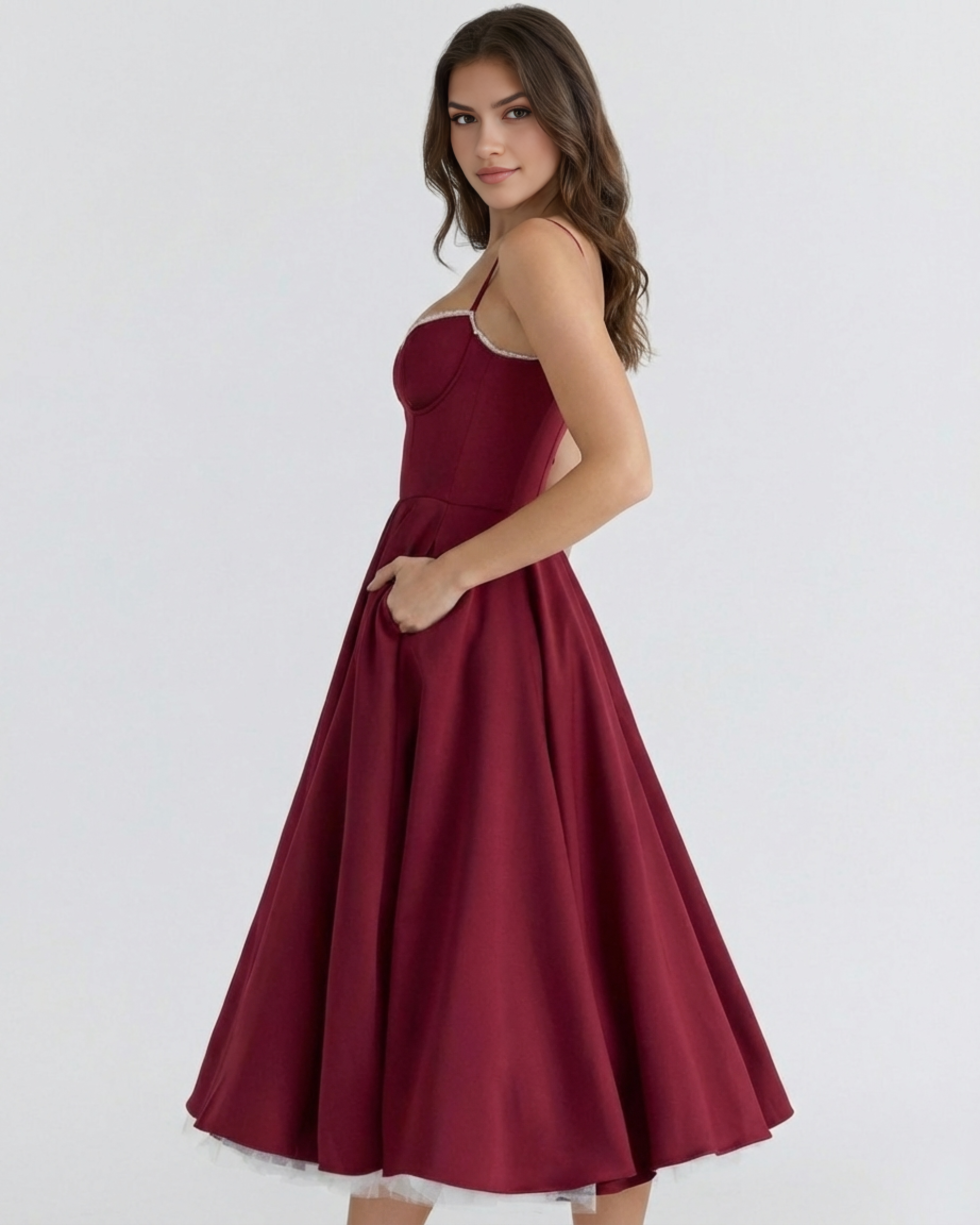 Satin-Feel Sweetheart Midi Dress – Boned Bodice Tulle Skirt Wedding Guest Prom Dress