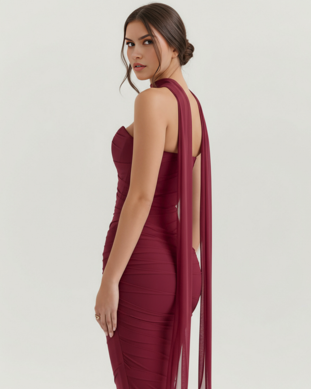 Burgundy Mesh Corset Maxi Set – 3-Piece Corset Skirt & Scarf Evening Occasion Outfit