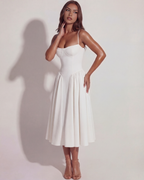 White Boned Sweetheart Twill Midi Dress with Pockets – Summer Wedding Guest Garden Party Gown