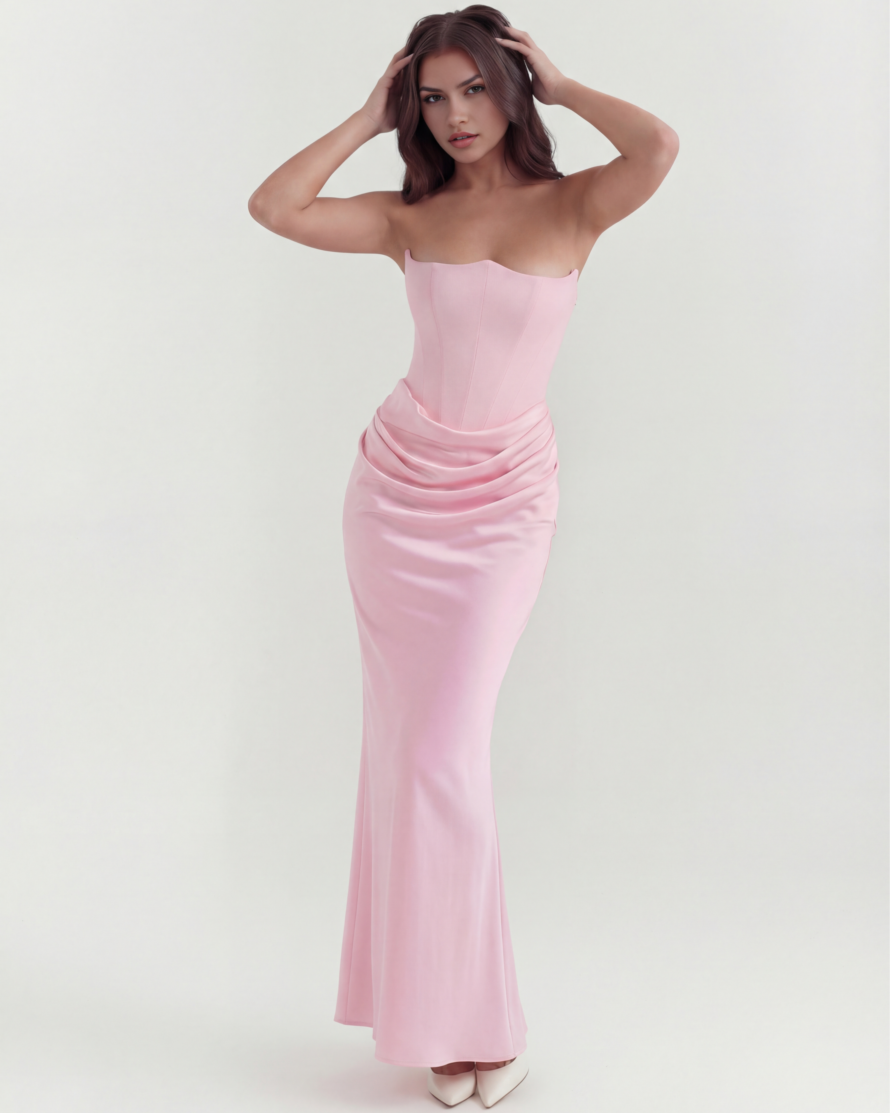 Pink Boned Corset Crepe Long Gown – Romantic Wedding Guest Formal Dress
