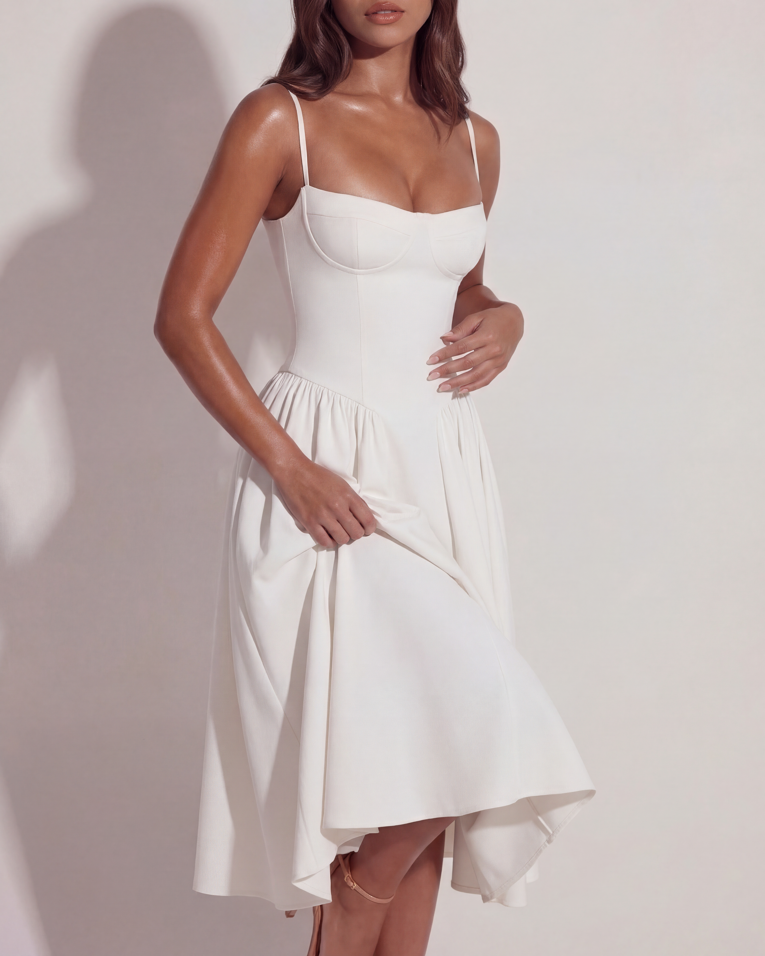 White Boned Sweetheart Twill Midi Dress with Pockets – Summer Wedding Guest Garden Party Gown