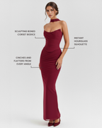 Burgundy Mesh Corset Maxi Set – 3-Piece Corset Skirt & Scarf Evening Occasion Outfit