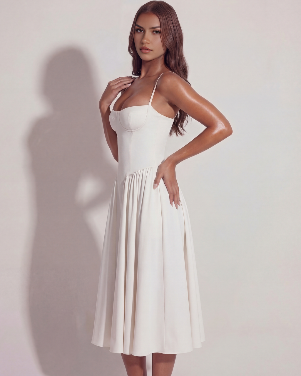 White Boned Sweetheart Twill Midi Dress with Pockets – Summer Wedding Guest Garden Party Gown