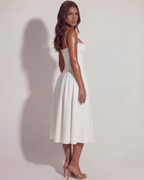 White Boned Sweetheart Twill Midi Dress with Pockets – Summer Wedding Guest Garden Party Gown