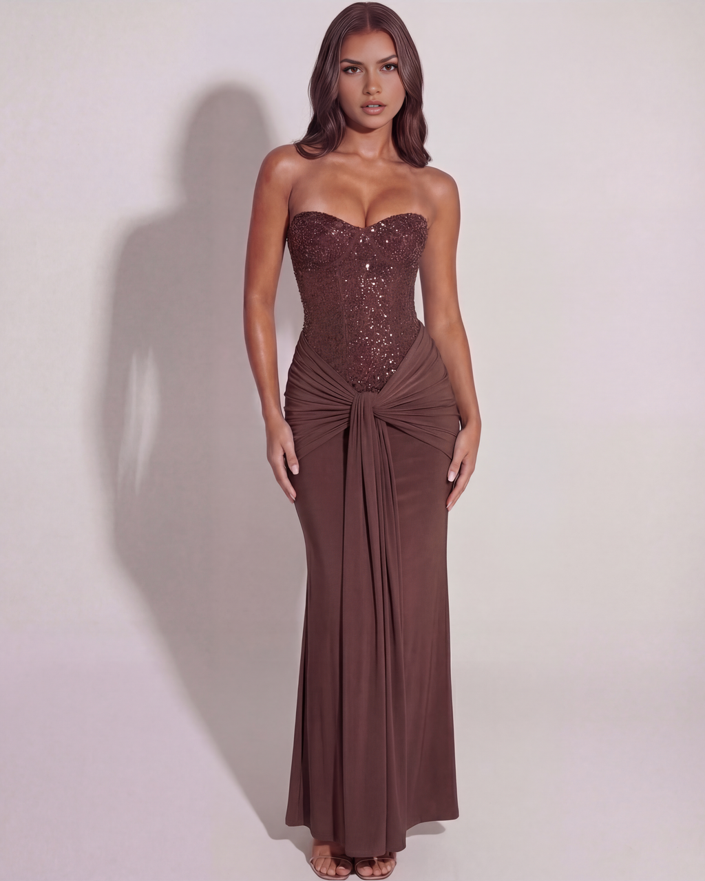 Plum Embellished Mesh Strapless Maxi Gown – Black Tie Wedding Guest Dress