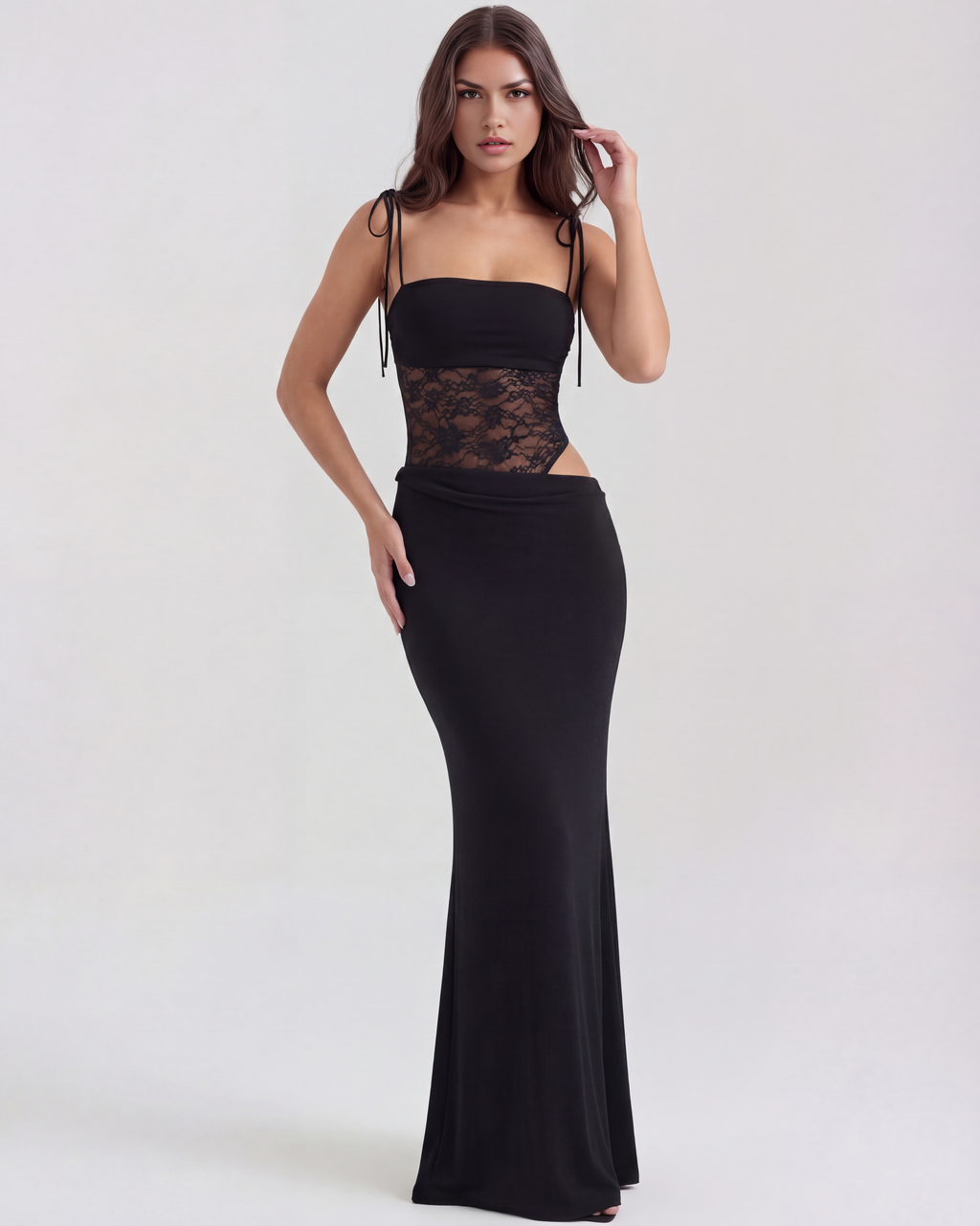 Black Lace Bodice Cut-Out Maxi Dress – Daring Wedding Guest Evening Gown