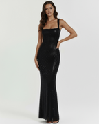 Black Rhinestone Floor-Length Maxi Gown – Gala Red Carpet Wedding Guest Dress