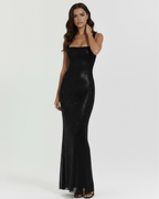 Black Rhinestone Floor-Length Maxi Gown – Gala Red Carpet Wedding Guest Dress