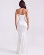 White Boned Corset Crepe Maxi Dress – Elegant Wedding Guest Gown