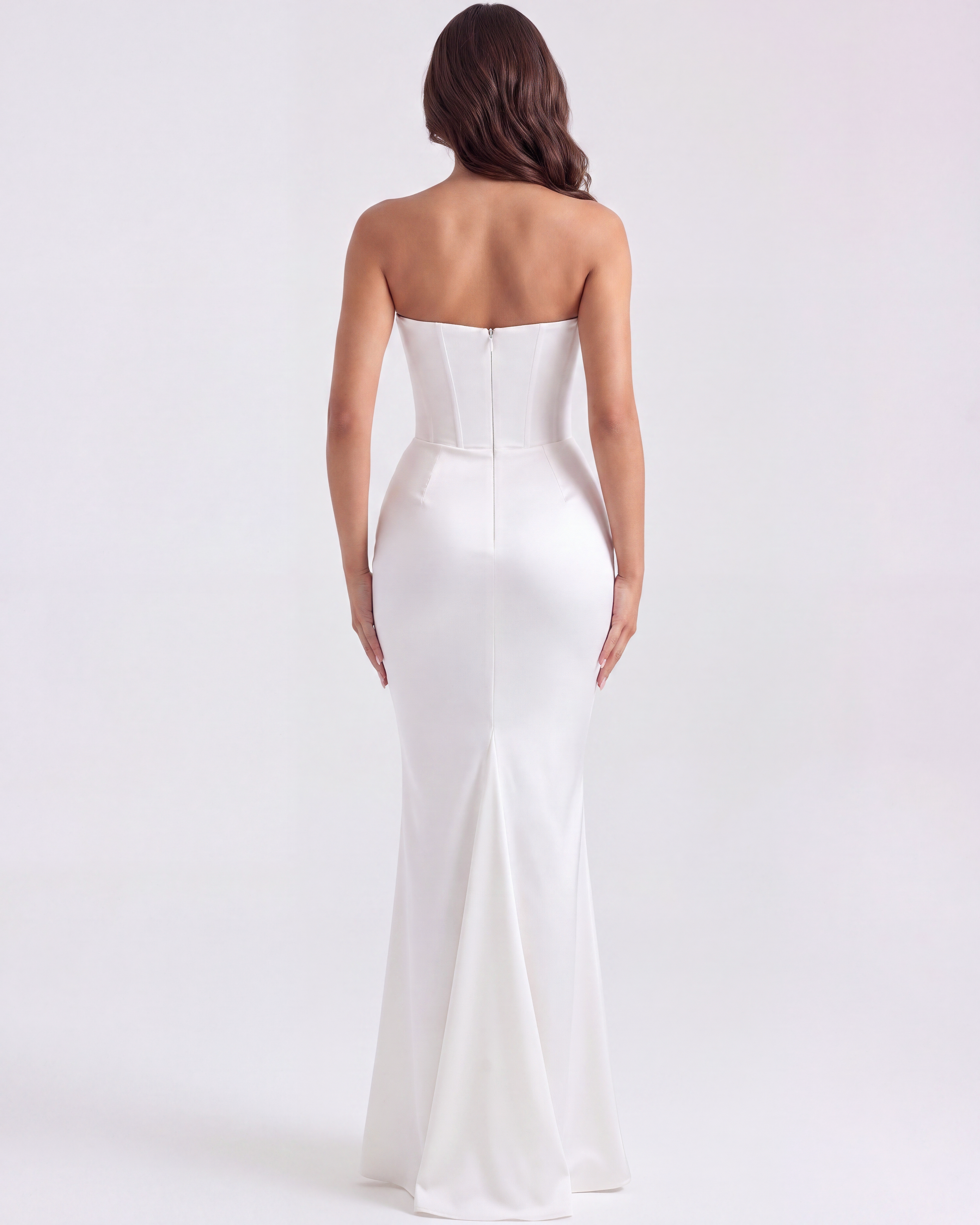 White Boned Corset Crepe Maxi Dress – Elegant Wedding Guest Gown