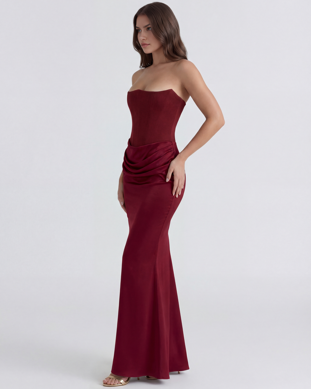 Boned Corset Crepe Maxi Dress – Cinched Waist Wedding Guest Formal Evening Gown