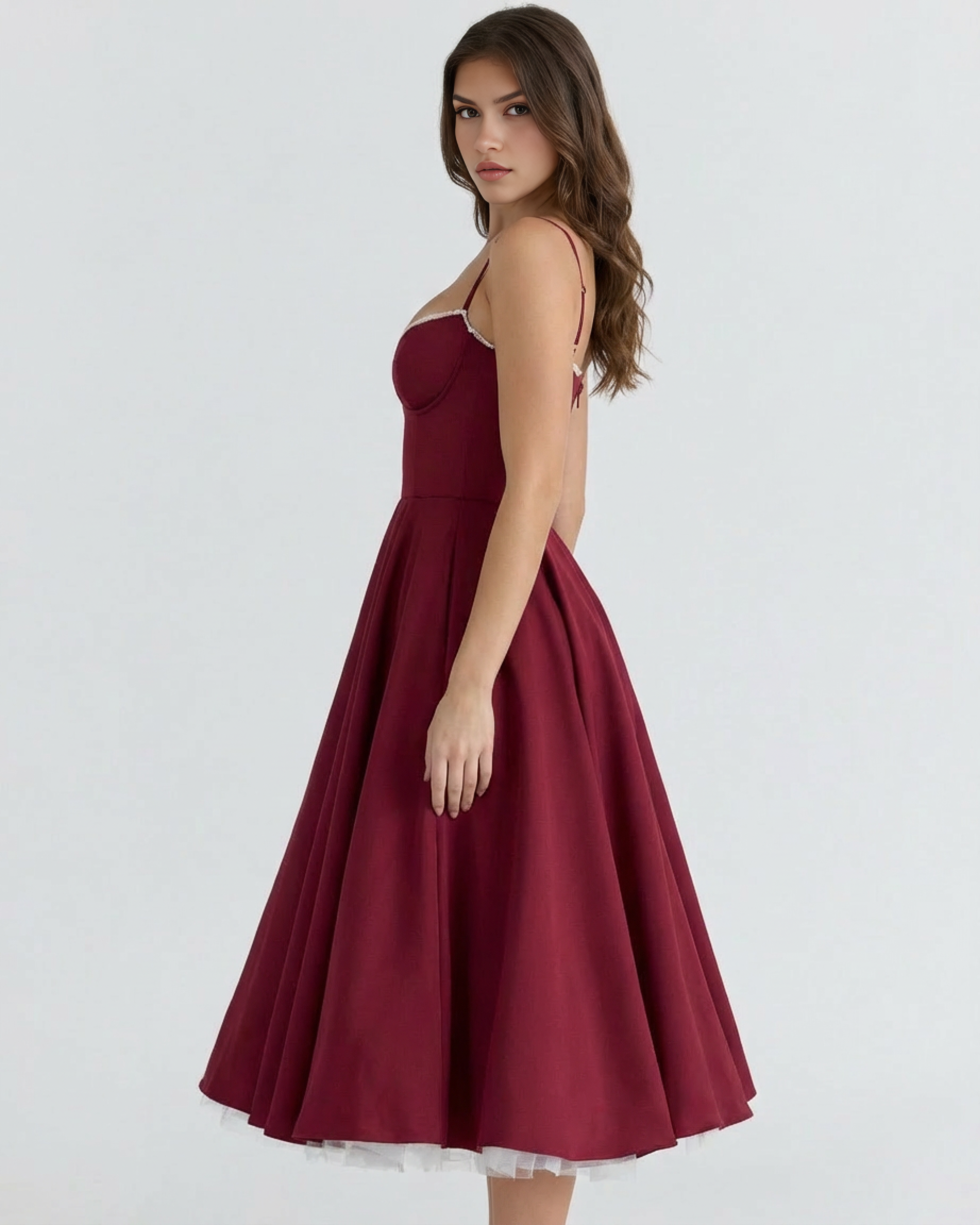 Satin-Feel Sweetheart Midi Dress – Boned Bodice Tulle Skirt Wedding Guest Prom Dress