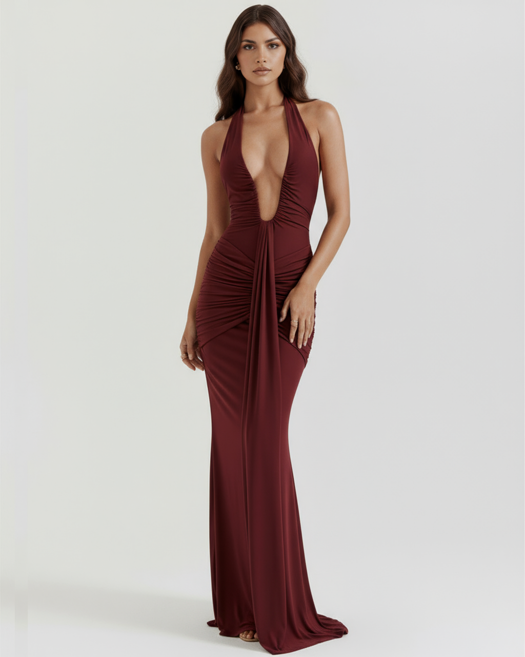 Plunge Halter Ruched Maxi Dress with Train – U-Wire Neckline Formal Evening Gown