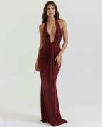 Plunge Halter Ruched Maxi Dress with Train – U-Wire Neckline Formal Evening Gown