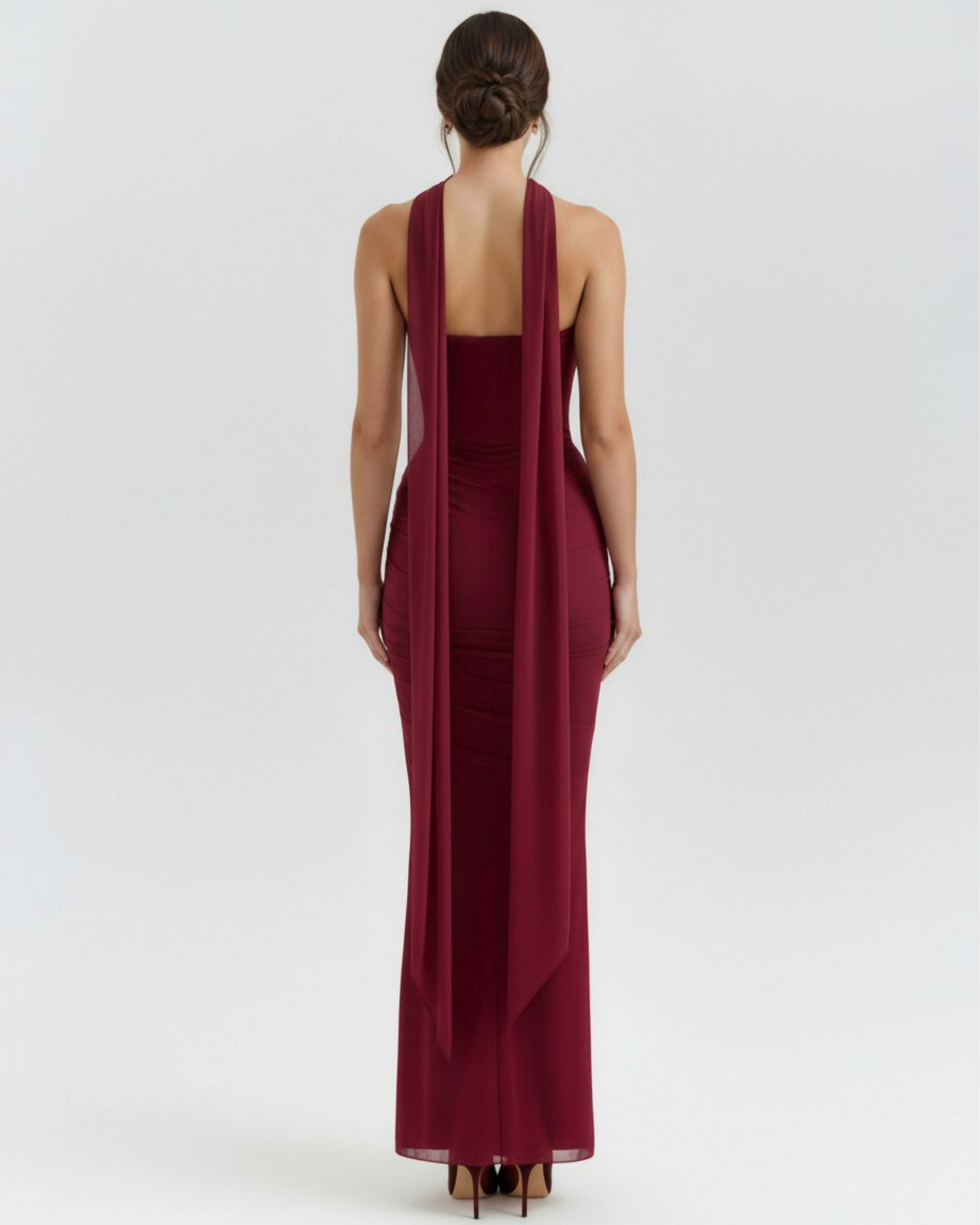 Burgundy Mesh Corset Maxi Set – 3-Piece Corset Skirt & Scarf Evening Occasion Outfit