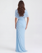 Babyblauw Gedrapeerde Sjaal Vloerlange Maxi Jurk – Elegante Bruiloftsgast Avondjurk