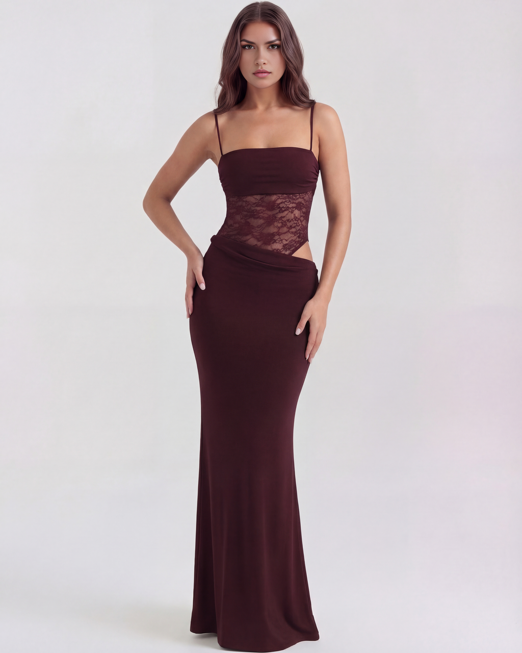Lace Square Neck Maxi Dress – Side Cut-Out Body-Con Evening Gown Women 2026