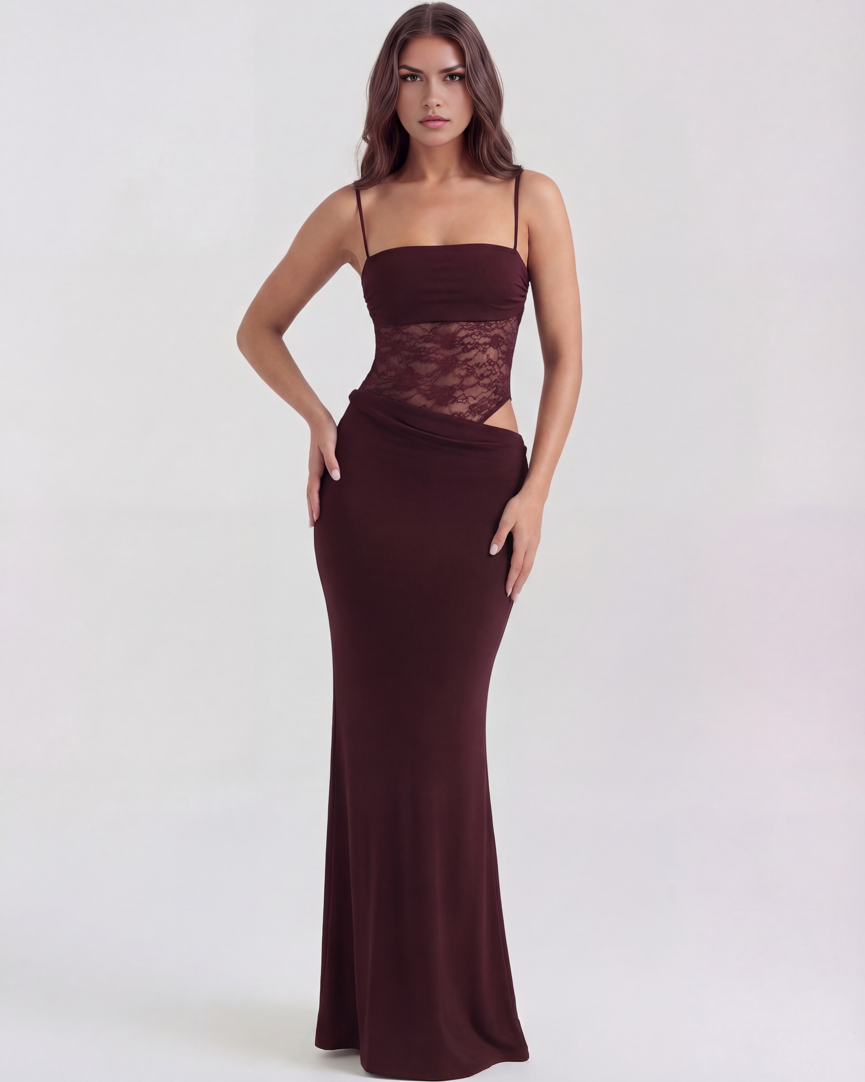 Lace Square Neck Maxi Dress – Side Cut-Out Body-Con Evening Gown Women 2026