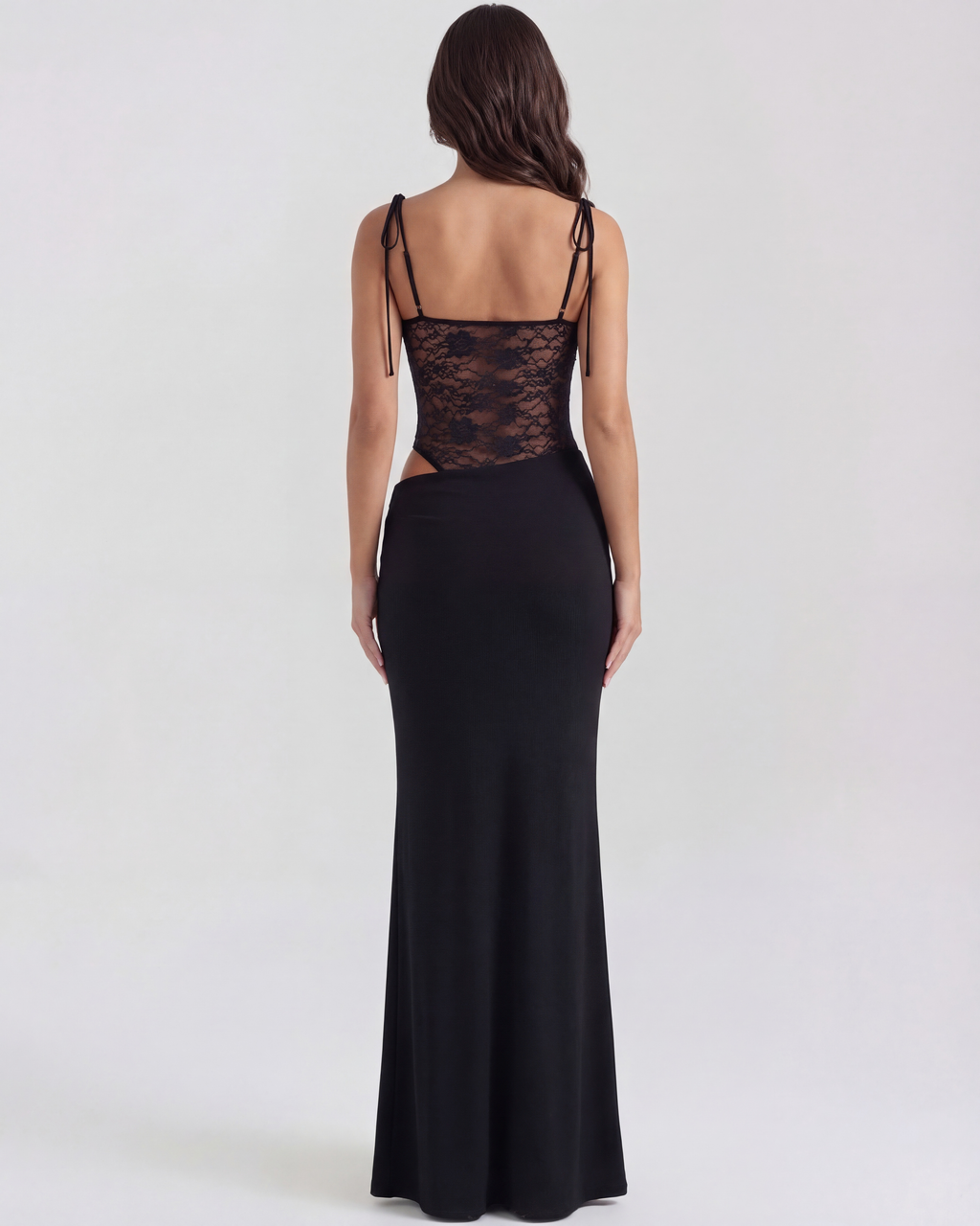 Black Lace Bodice Cut-Out Maxi Dress – Daring Wedding Guest Evening Gown
