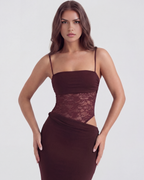 Lace Square Neck Maxi Dress – Side Cut-Out Body-Con Evening Gown Women 2026