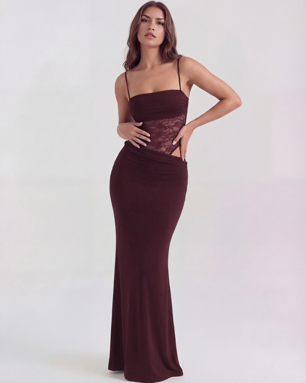 Lace Square Neck Maxi Dress – Side Cut-Out Body-Con Evening Gown Women 2026
