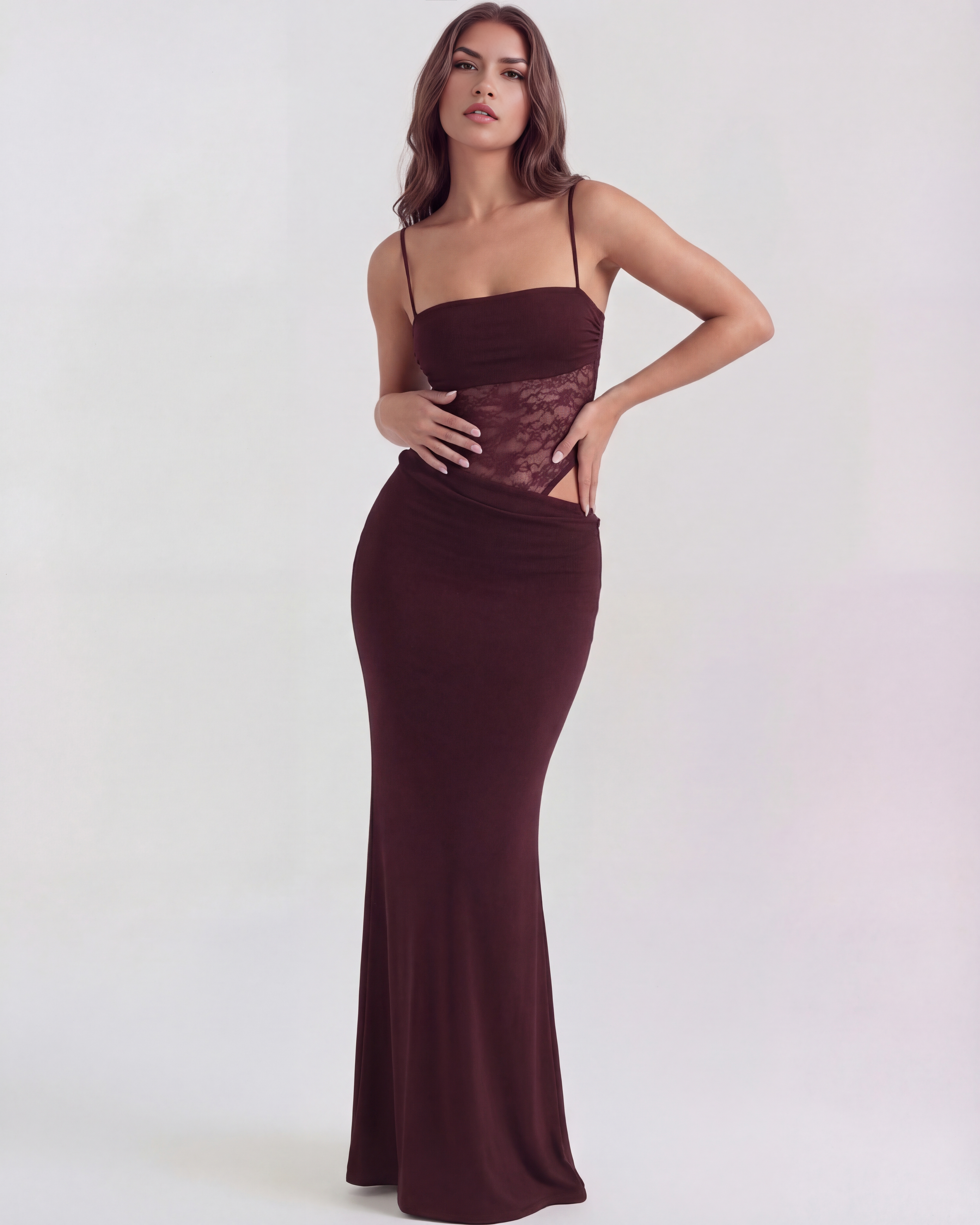 Lace Square Neck Maxi Dress – Side Cut-Out Body-Con Evening Gown Women 2026
