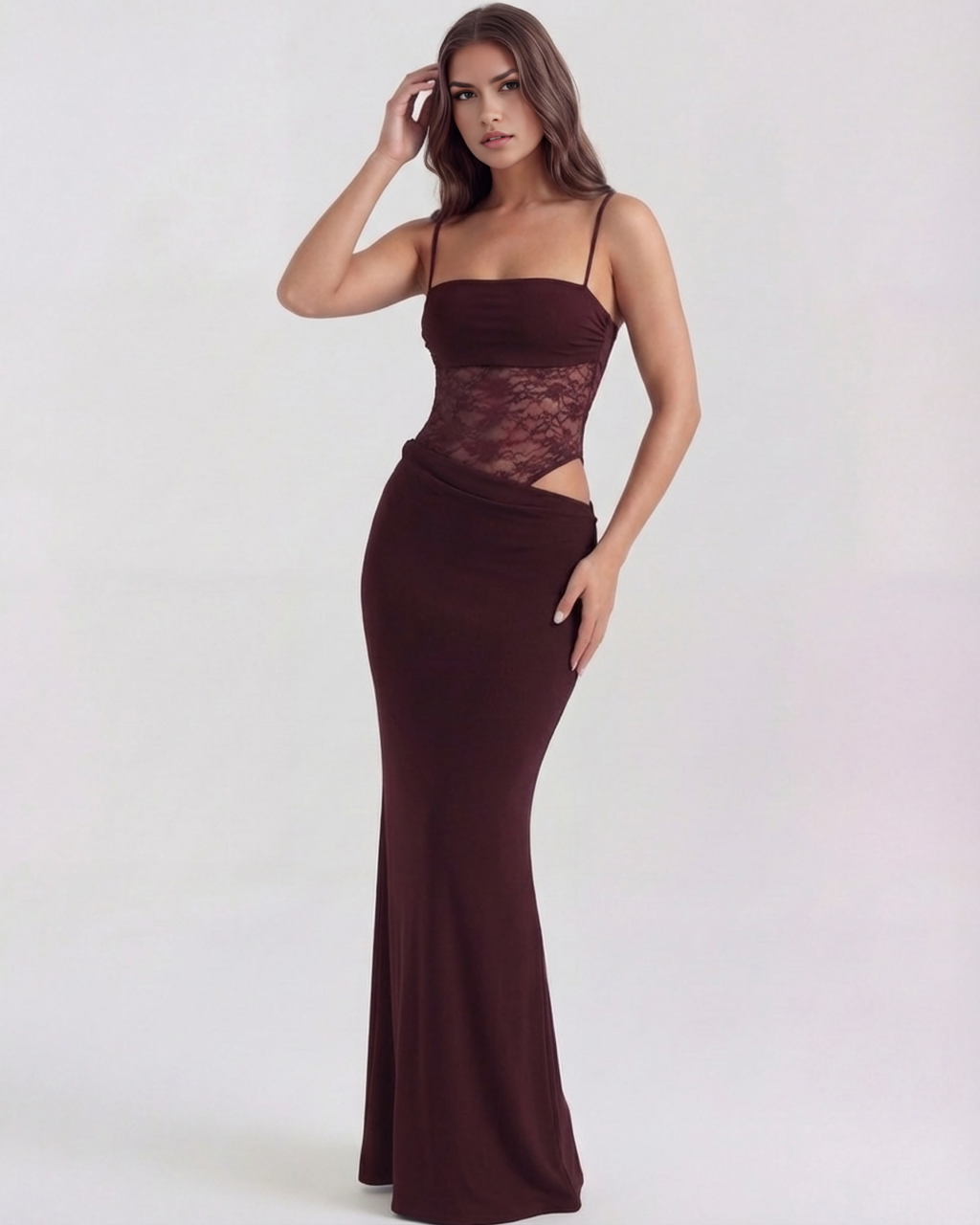 Lace Square Neck Maxi Dress – Side Cut-Out Body-Con Evening Gown Women 2026