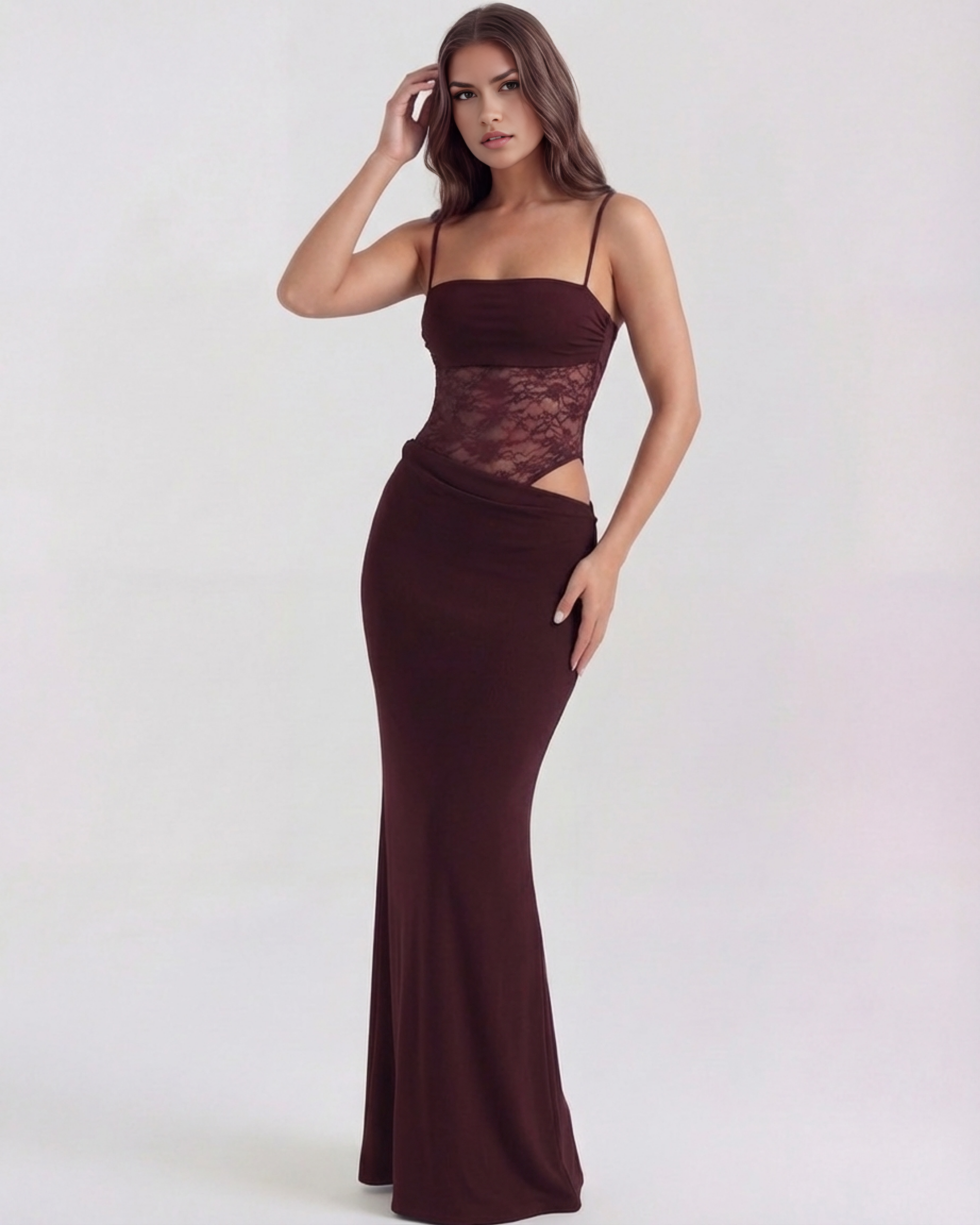 Lace Square Neck Maxi Dress – Side Cut-Out Body-Con Evening Gown Women 2026