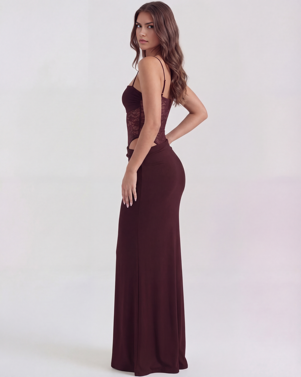 Lace Square Neck Maxi Dress – Side Cut-Out Body-Con Evening Gown Women 2026