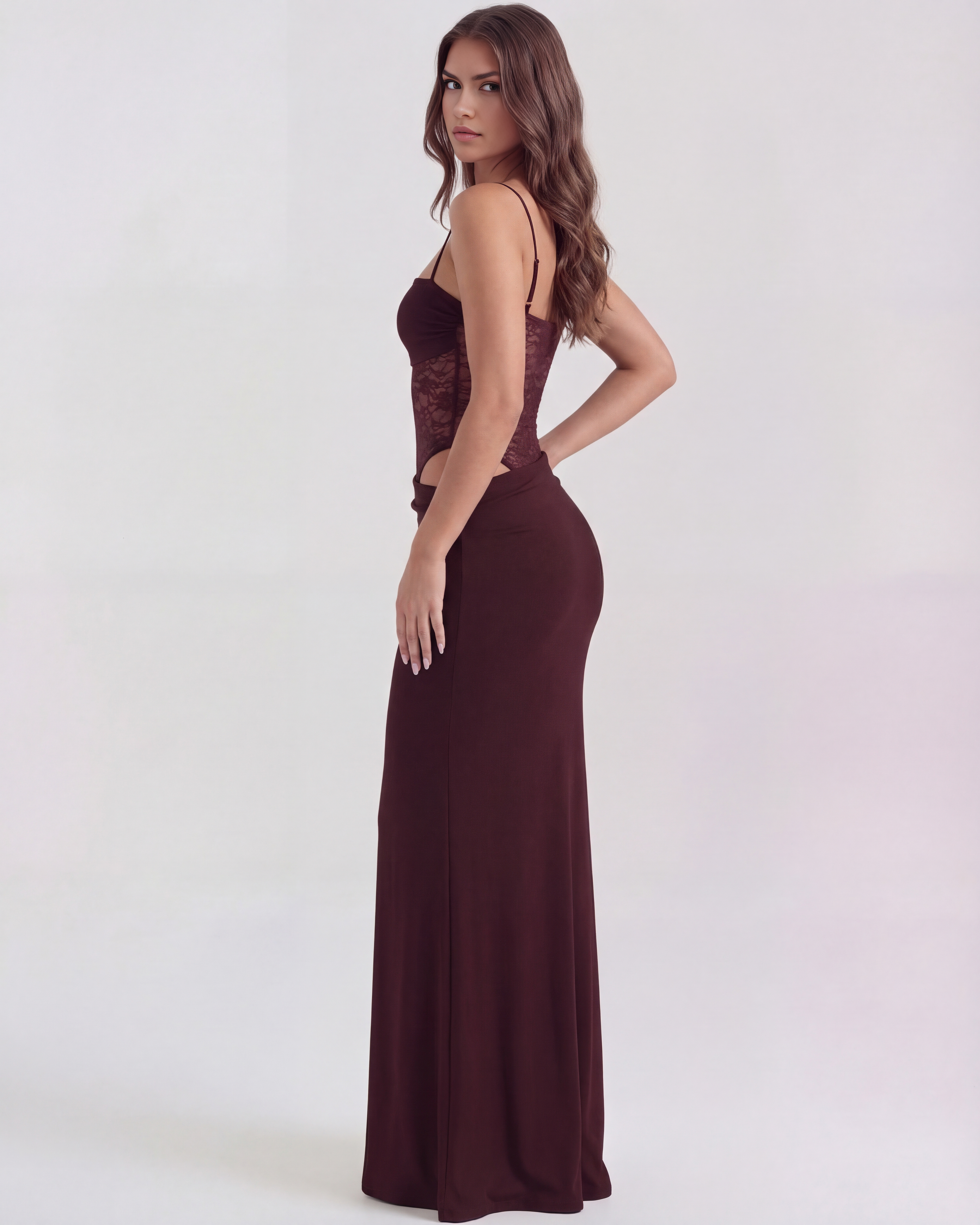 Lace Square Neck Maxi Dress – Side Cut-Out Body-Con Evening Gown Women 2026
