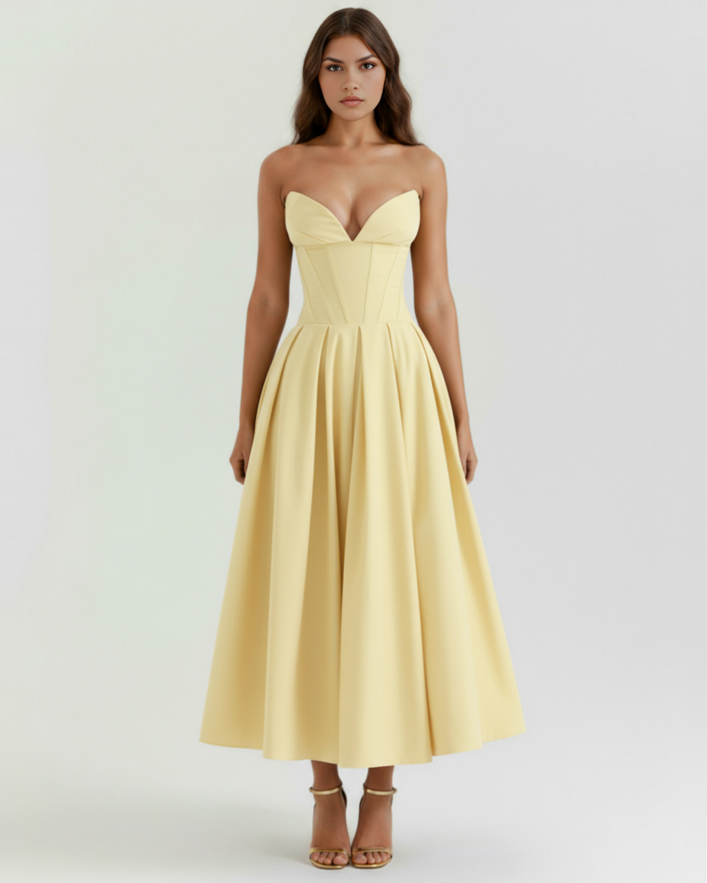 Light Yellow Corseted Ball Gown with Voluminous Skirt – Wedding Guest Prom Formal Dress